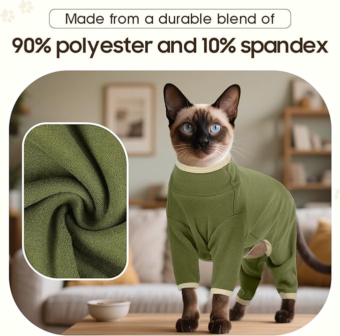 DENTRUN Cat Clothes for Hair Control with Hair Sticky Fabric - Soft Recovery Suit & Breathable Lint-Resistant Cat Sweater for Cats Only, Kitten Onesie Pajamas, XS, Army Green
