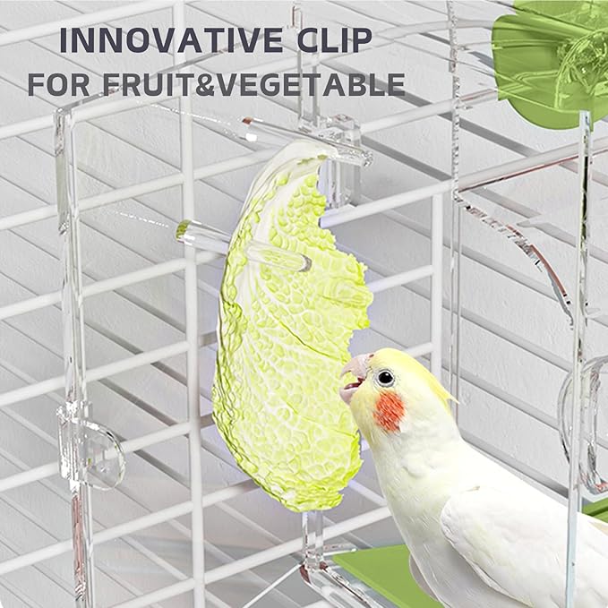 Automatic Bird Feeder, No Mess Bird Cage Feeder with Perch Multi-Functional Holder for Fruits Vegetables for Parakeet Canary Cockatiel Finch (Blue)