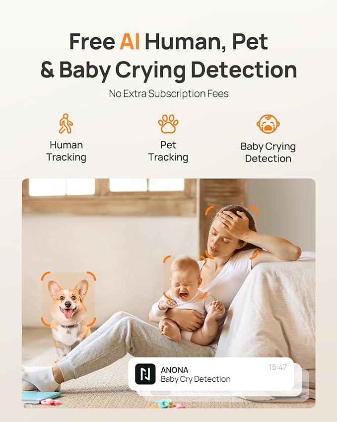 Anona 4K UHD Indoor Camera with 256GB SD Card, Pet/Dog/Baby Security Camera with Phone App, 360° Pan-Tilt, 2.4G/5G Wi-Fi 6, Auto-Tracking, Person/Pet/Baby Crying Detection, Privacy Mode, Two-Way Audio