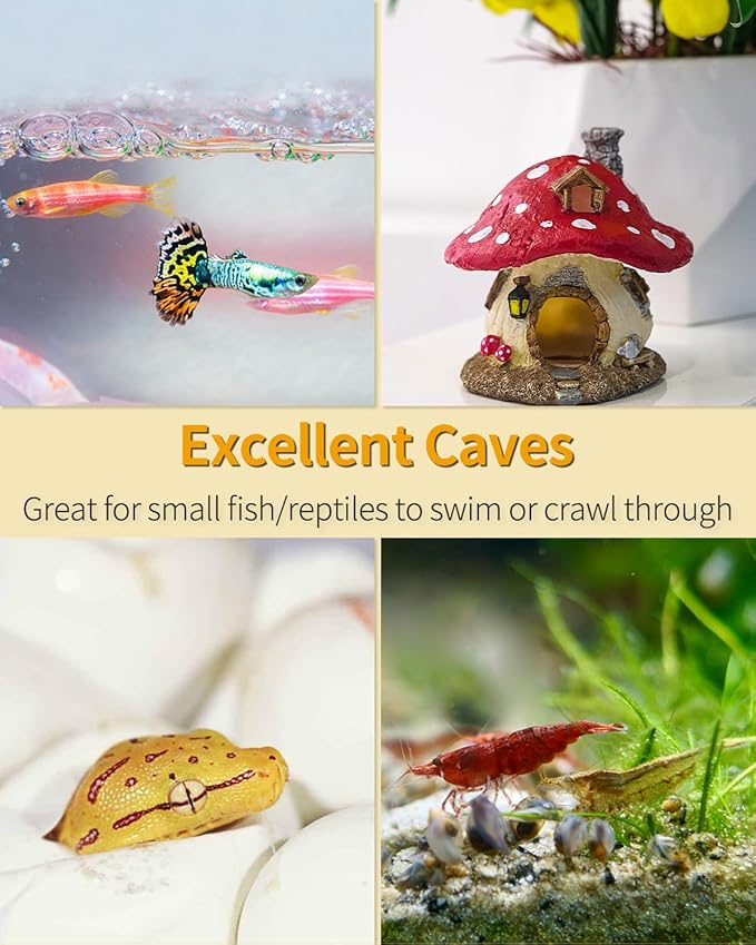 Uniclife Aquarium Mushroom House, Resin Fish Tank Decoration Cottage Ornament for Fish Tank Landscape Aquarium Hideout Hideaway Spawning Cave Decor for Shrimp Betta Goldfish and Reptiles