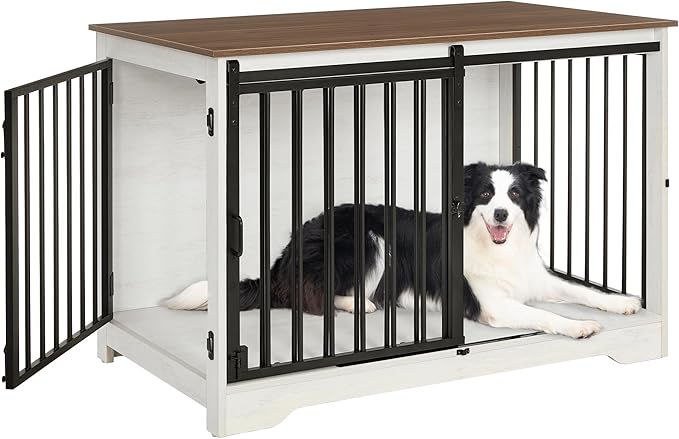 39.4" Heavy Duty Dog Crate Furniture with Barn Door, Wood Indoor Dog Crate Kennel for Small/Medium/Large Dogs, End Side Table, TV Stand, Anti-Chew Anti-Escape, White Brown DFC02314B