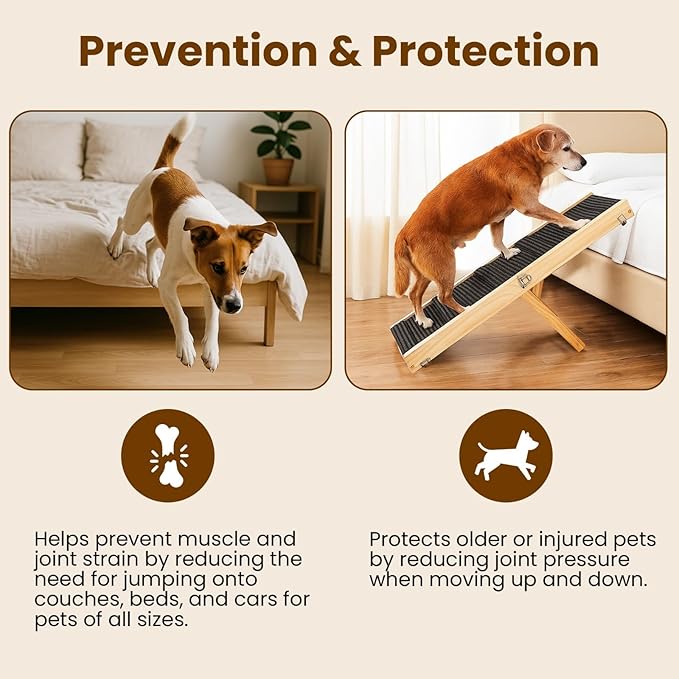 Upgraded 2026 MYUNIK Adjustable Small Dog Ramp 37.8" Foldable Solid Wood Pet Small Ramp with 5 Heights 13.6–21.5", Non-Slip Carpet Handle Ramp for Bed Couch Sofa & Car