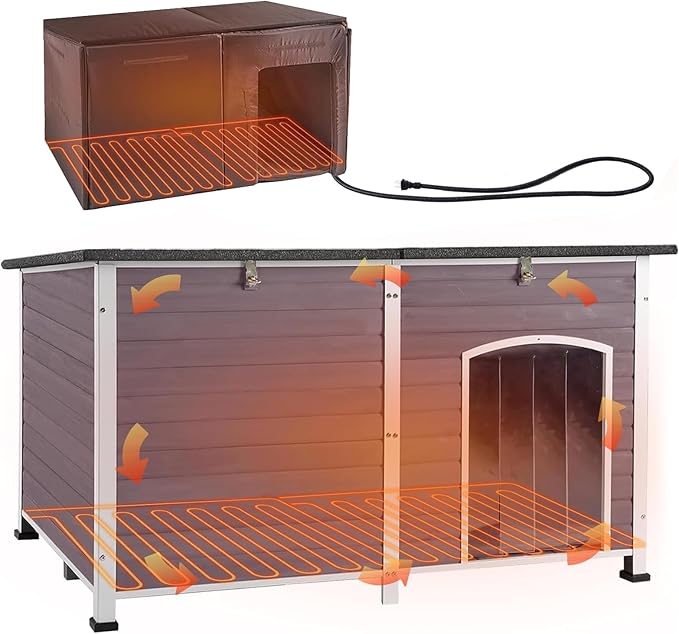 Aivituvin Heated Dog House Outdoor 59" Extra Large Insulated Dog Kennel with Heater for Winter,Waterproof Dog Cage for Large & Medium,Small Dogs,All-Around Iron Frame