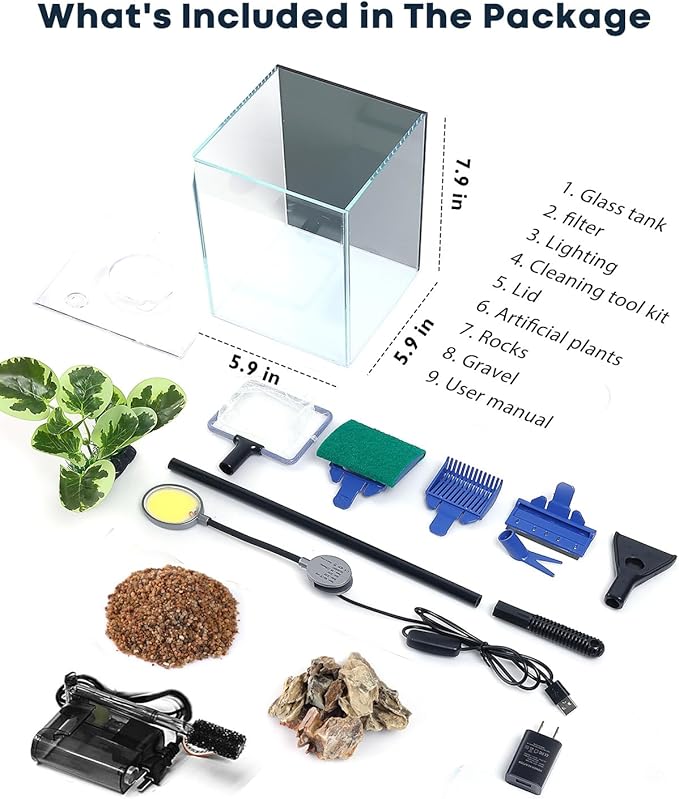 Desktop Small Aquarium Set Glass Fish Tank 1.25 Gallon, Heater Water Pump Filter Bright LED Light Gravel Cleaning Tool, Starter Kit Small Space Easy Setup Space-Saving Design Betta Shrimp