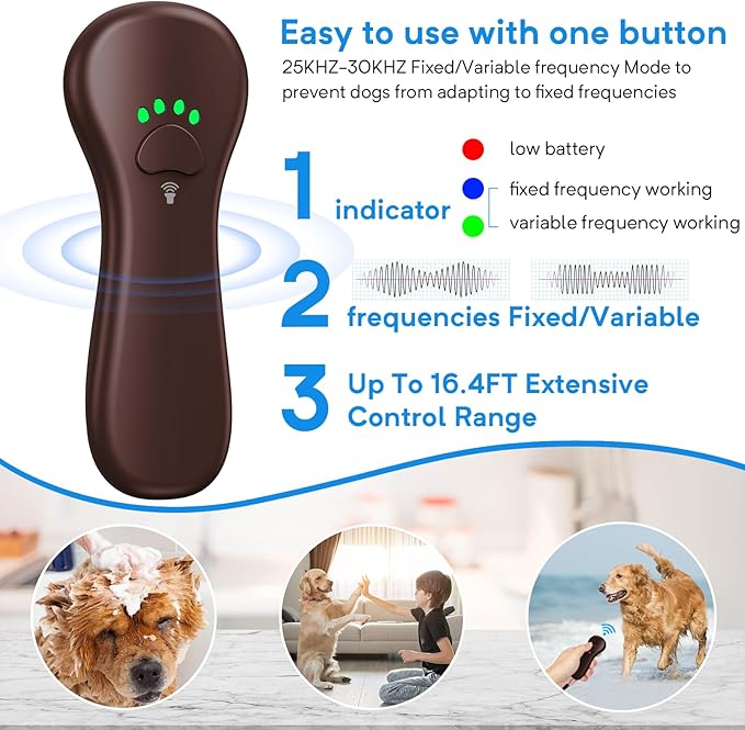 Anti Barking Device Dog Barking Control Devices Rechargeable Ultrasonic Dog Bark Deterrent up to 16.4 Ft Effective Control Range Safe for Human & Dogs Portable Indoor & Outdoor Brown