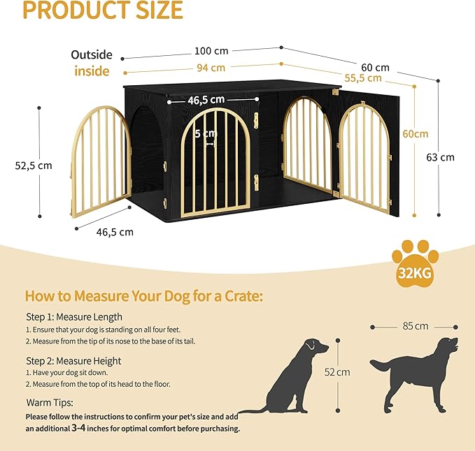 39.4" Wooden Dog Crate Furniture, Indoor Dog Kennel Dogs Cage for Small/Medium/Large Dogs, Heavy Duty Dog Crates Decorative Pet House End Side Table TV Stand, Black Gold DFC84104A