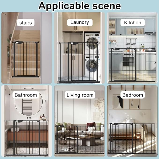 WAOWAO Triple Lock Baby Gate Extra Wide 76.77-81.49" Pressure Mounted Walk Through Swing Auto Close Safety Black Metal Dog Pet Puppy Cat for Stairs,Doorways,Kitchen