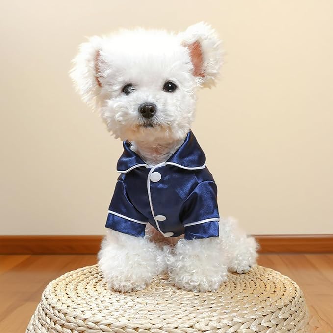 Cat Puppy Costume Elegant Satin Pajamas with Bow Headband 2PCs Set Pet Sleepwear Cute Pet Outfit Cosplay Partywear Photoshoots (Blue Set,X-Large)