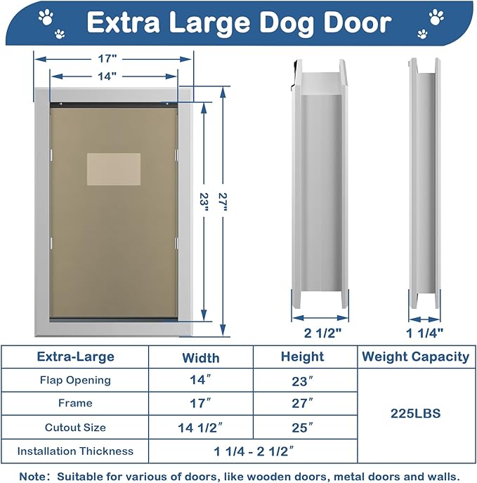 Extra Large Dog Door, XL Dog Door with Self-Closing Insulated Flaps for Extreme Weather, Heavy Duty Aluminum XXL Dogs Doors for Pets Up to 230LBS, for Interior & Exterior Doors, X-Large, Sliver