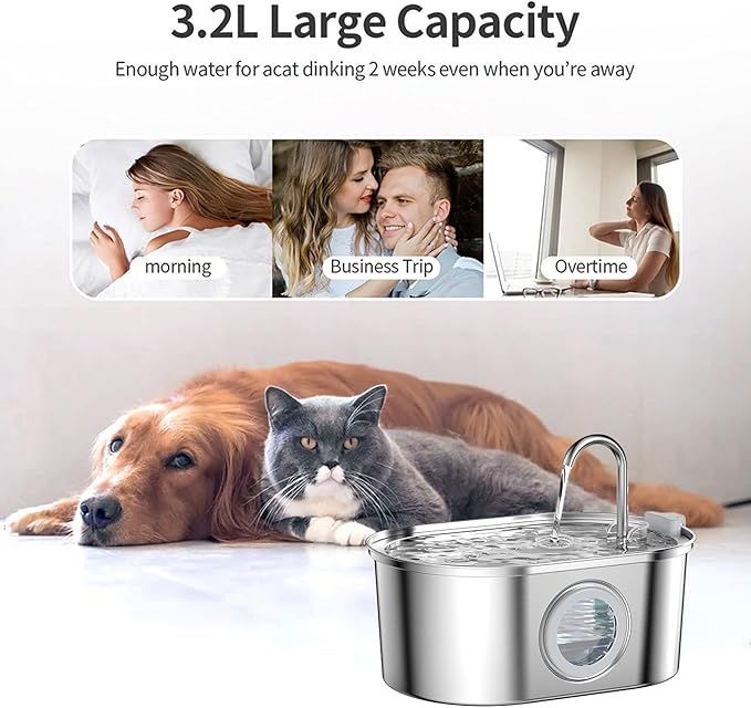 Cat Water Fountain Stainless Steel: 3.2L/108oz Pet Fountain Water Bowl Dog Drinking Dispenser Cat Feeding & Watering Supplies Animal Metal Kitty Spout for