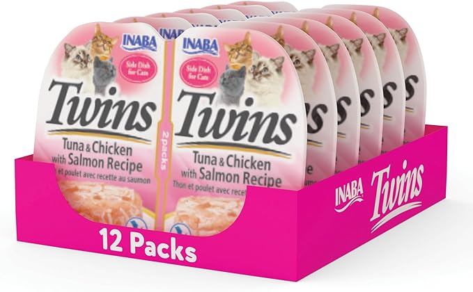 INABA Twins for Cats, Side Dish/Topper Cups, 1.23 Ounces per Serving, 12 Servings, Tuna & Chicken with Salmon Recipe