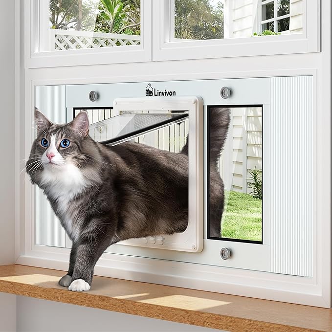 Cat Door for Window, Quick Installation Adjustable Width of 23"-28", Cat Window Door with 4 Locking Modes, Magnetic Closure Design, Weatherproof Aluminum Frame Cat Door Window Insert