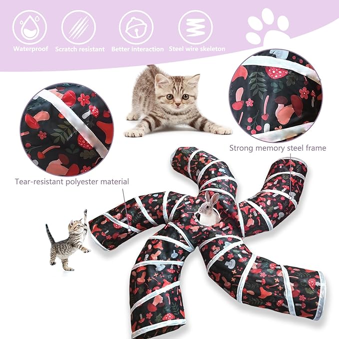 EGETOTA Cat Tunnel for Indoor Cats Large, with Play Ball S-Shape 5 Way Collapsible Interactive Peek Hole Pet Tube Toys, Puppy, Kitty, Kitten, Rabbit (S5 - Mushroom)