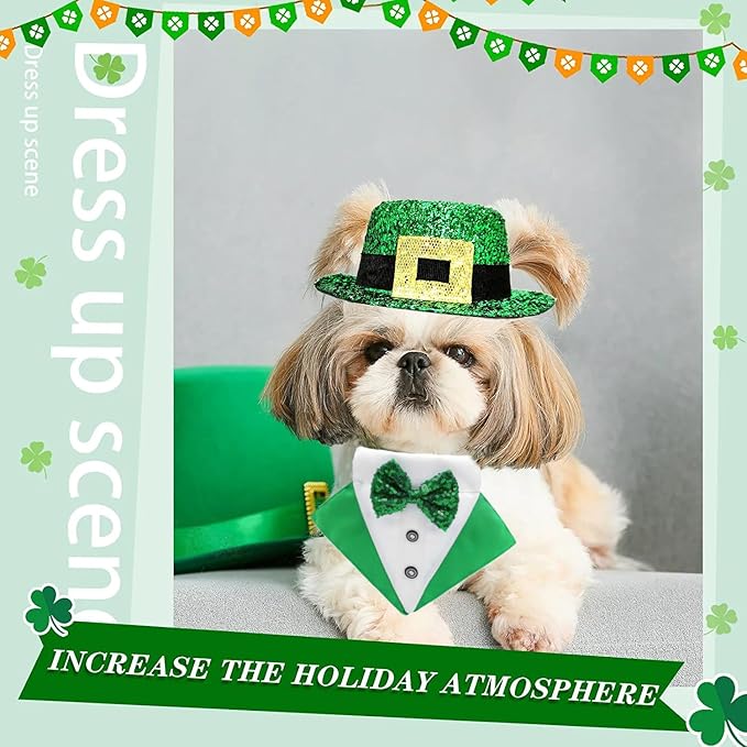 2 PCS St. Patrick's Day Costume Dog Bandana Collar and Pet Top Hat Buckle Green Dog Bow Tie Formal Tux Clothes with D-Ring Irish Tuxedo Saint Patrick Outfits for Dogs Puppy Cat Party Dress (Small)