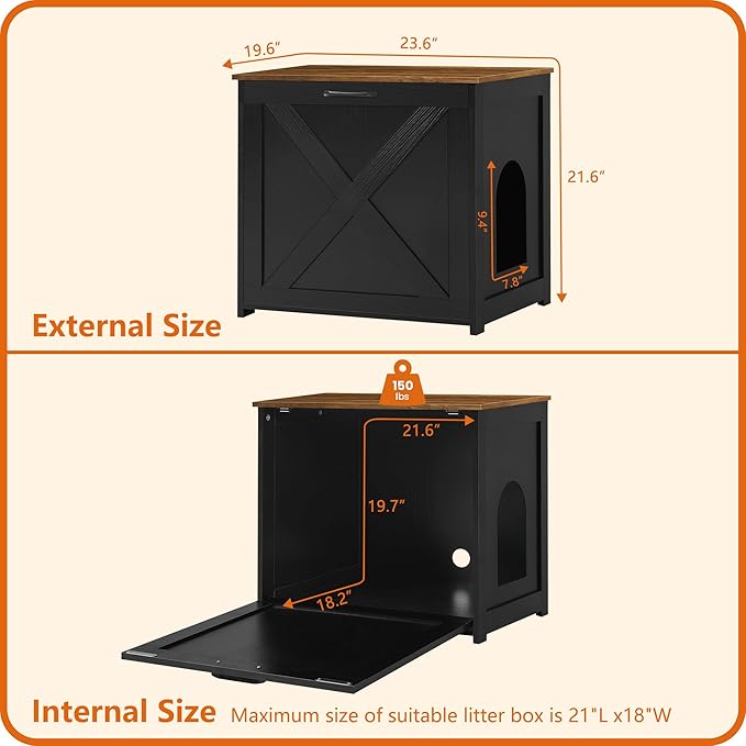 Dwanton Cat Litter Box Furniture Hidden, Cat Litter Box Enclosure, Reversible Entrance Can Be on Left or Right Side, Indoor Cabinet, Wooden Washroom, Nightstand, Black and Warm Brown, 23.6" L