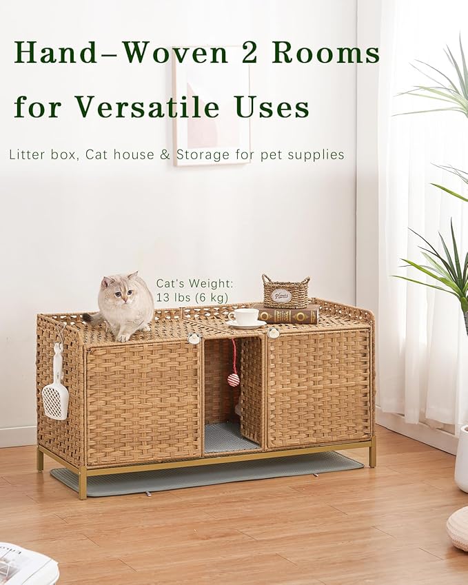 Cat Litter Box Enclosure for 2 Cats, Hidden Litter Box Furniture with Mat, Large Rattan Cat House with Double Room and Door, 47.3 L x 19.7 W x 24 H, 2 S-Shaped Hooks for Living Room Natural