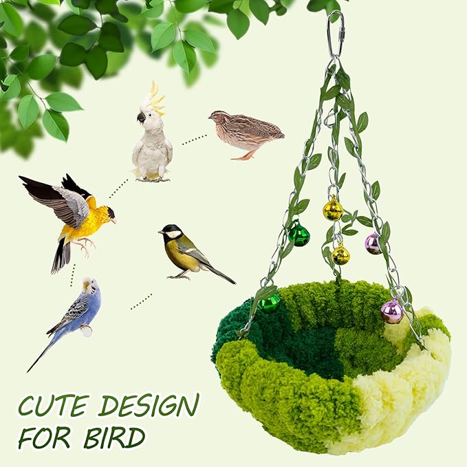 Bird Nest with Bell for Cage,Plush Hanging Bird Bed for Parakeet Indoor & Outdoor,Breeding Bird House for Conure,Budgie,Cockatiel,Lovebird,Canary,Finch,Hamster,Small Pets,Warm Nest,Green L