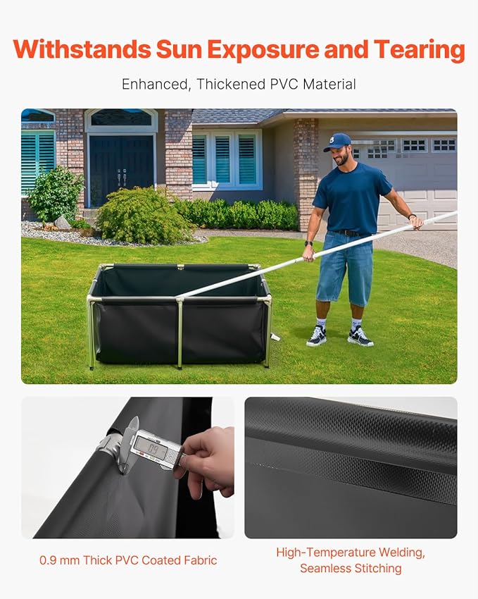 Happybuy 126.8-Gallon Black Rectangular Fish Pond - Foldable Above Ground PVC Koi Tank with Stainless Steel Frame & Drain Valve for Aquaculture and Breeding