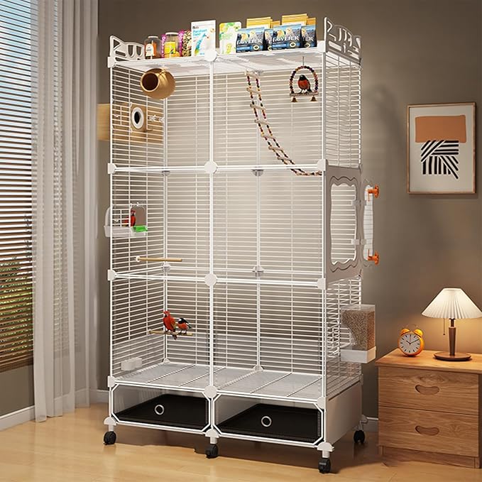 Large Parrot Cage with Acrylic Doors, 4 Casters, Perch & Feeder, Detachable Drawer, Ideal for Cockatiels, Budgies, Conures, Indoor/Outdoor Use – Spacious White Birdcage (White, 72 * 36 * 142)