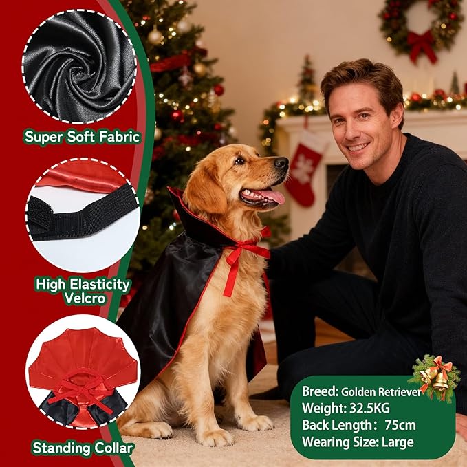 ROSAUI Halloween Pet Vampire Cape – 23.62″ Adjustable Red & Black Costume for Large Dogs (Golden Retriever, Labrador, German Shepherd) Spooky Cloak with Stand-Up Collar (L Size)