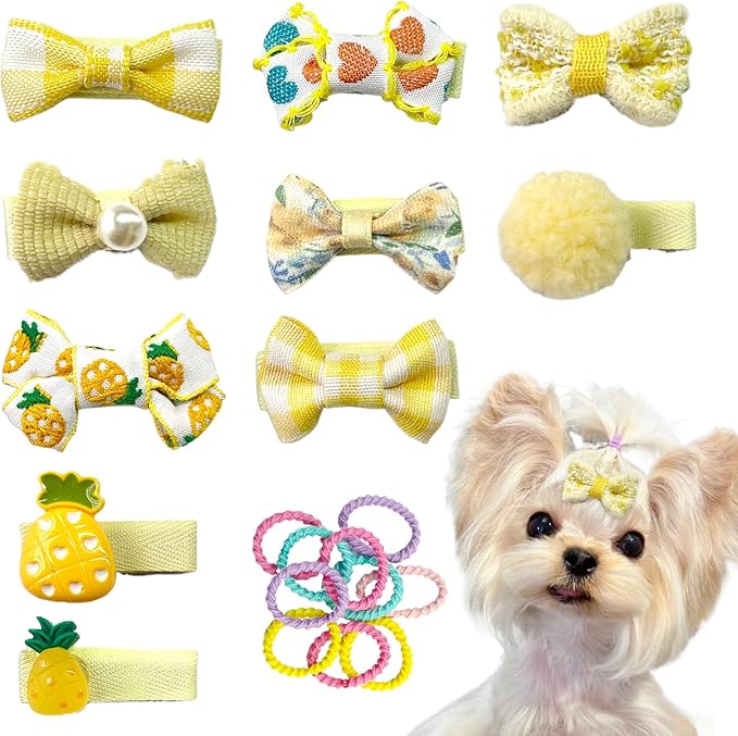 Light Yellow Dog Hair Clips and Rubber Bamds Small Dog Bows Cute Pet Grooming Accessories Alligator Clips Stay In Hair Barrettes Pineapple Hairpin Pet Headdress Bowknot Yorkie Puppy Maltese Girls Dogs