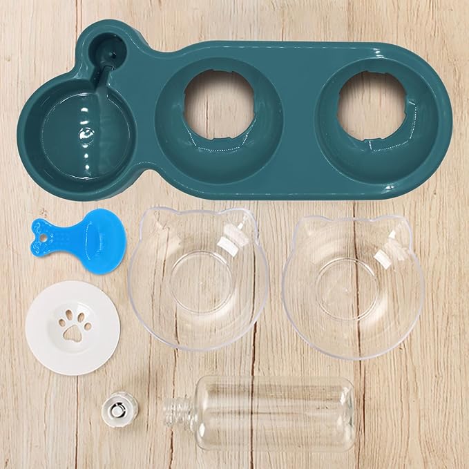 Triple Dog Cat Bowls, 15 Tilt 3-in-1 Water Feeder Bowls with Automatic Water Bottle Bowl, Removable Cat Wet and Dry Food Bowl Set for Small Cat and Puppy (Navy Blue)