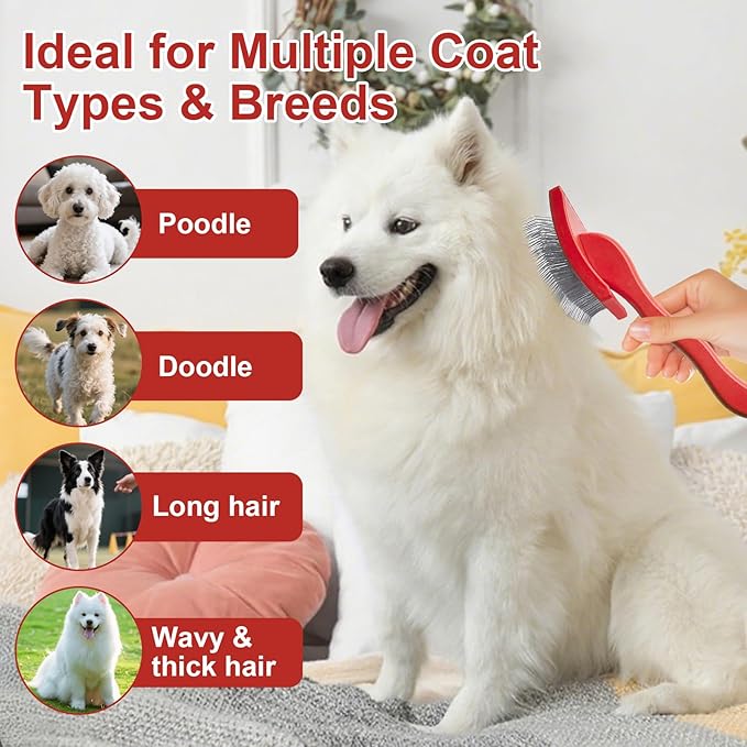 Dog Slicker Brush for Doodle Grooming,Dog Brush for Poodles,Long Pin Haired Pet Slicker Brush for Goldendoodles, Labradoodles,Bernedoodles (Red)