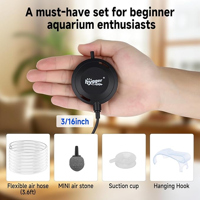 hygger MINI 1.5W Fish Bowl Aqaurium Silent Air Pump with Accessories, Oxygen Aerator Kit for Fish Tank 0.5-12 Gallon Fish Tank