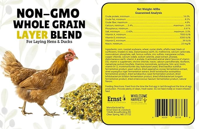 Non-GMO Whole Grain Layer Blend 16% - Chicken Feed for Laying Hens and Ducks - Includes Essential Oils, Herbs, Oyster Shells, Vital Minerals, and Omega 3, 40lb