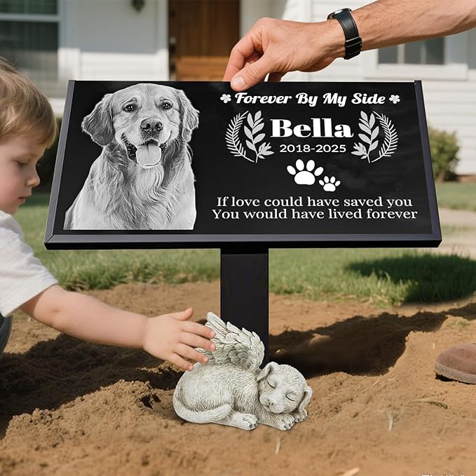 Personalized Pet Memorial Stone, Weatherproof Granite Dog Headstone - Custom Grave Markers for Dogs&Cats Engraved with Photo Name Date,Memorial Stones for Memory Garden