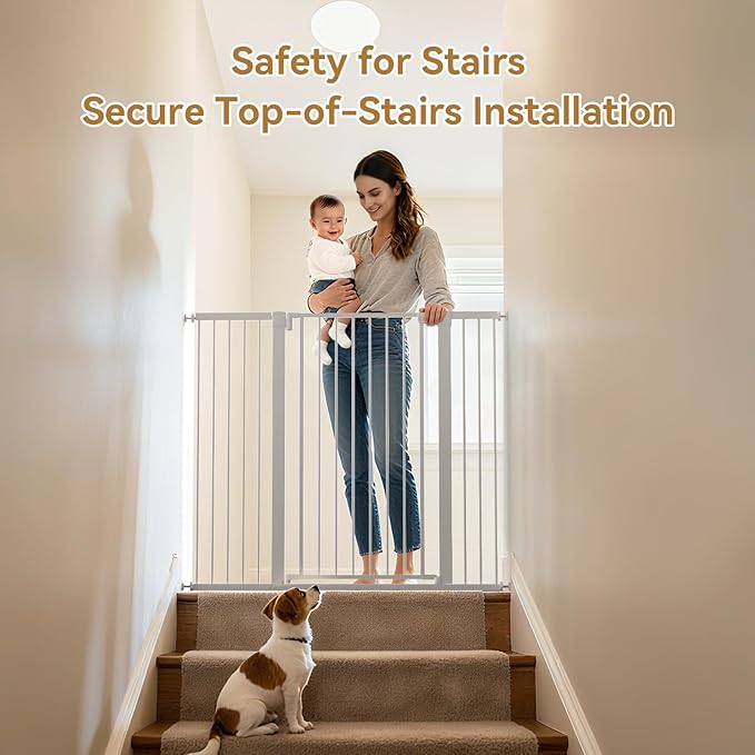 43 inch Tall Safety Dog Gate Adjustable 29.7-45.2 inch Extra-Wide Metal Pet Gate Drill-Free Pressure-Mount Installation kit Self-Closing Cat Gate for Stairwells、Doorways（White）