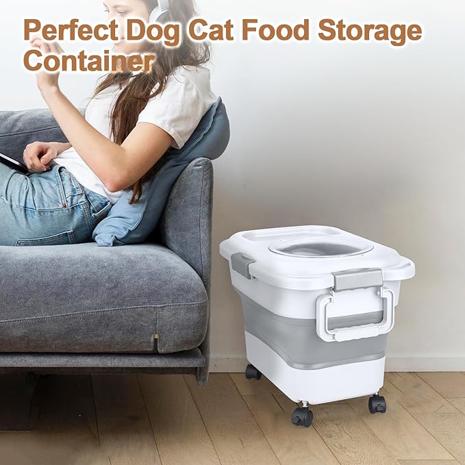 Dog Food Storage Container，10-25 lbs Airtight Collapsible Cat Food Storage Container with Attachable Wheels, Portable Handle, Dog Food Scoop for Dog Cat Bird Pet Dry Food Storage Bin Light Grey