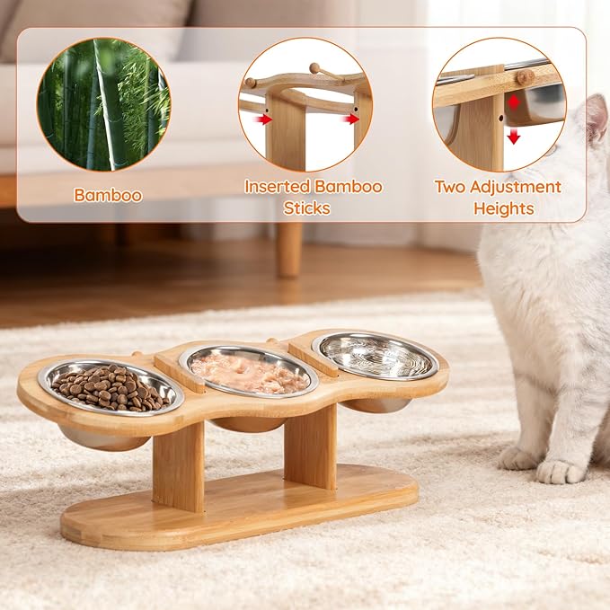 Elevated Cat Bowls Raised Cat Food Bowls, 15° Tilted Pet Bowls for Cats Puppy Small Dogs, Raised Dog Bowl Stand Feeder Adjustable Dog Cat Food Water Bowls Stand with 3 Stainless Steel Bowls