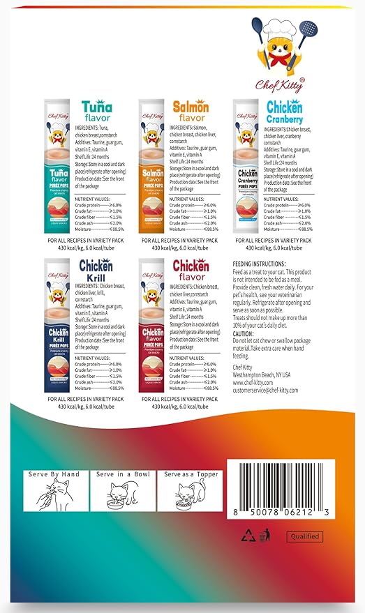 Cat Treats Lickable | Grain-Free Cat Food Toppers, High Protein | Creamy Puree Squeeze Ups with Vitamin E & Taurine, Digestible Formula | 0.5 oz. Each Tube, Chicken & Seafood Mix Variety | 10 Tubes