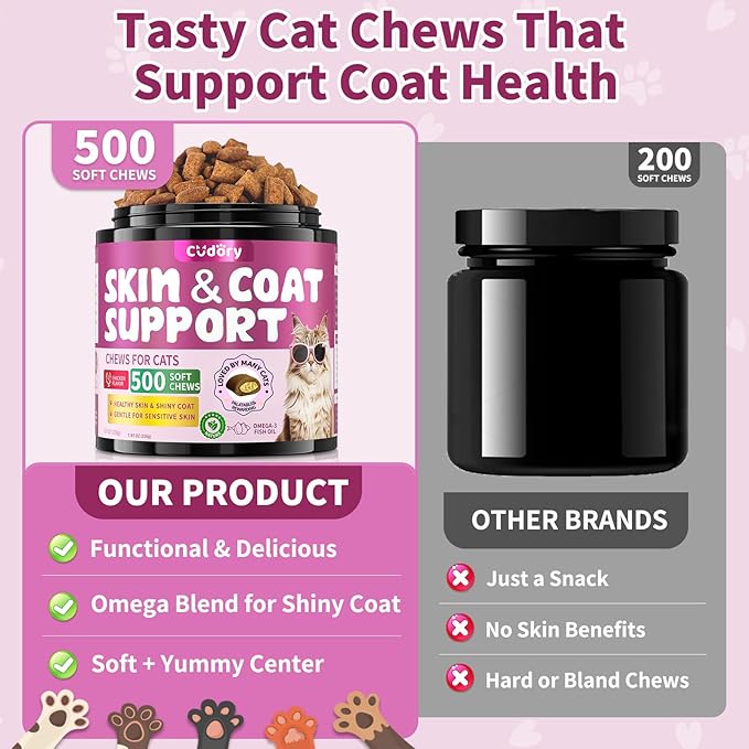 Omega 3 for Cats - 500 Skin & Coat Health Crunchy & Creamy Chews with Omega 3, Biotin & Vitamin E for Healthy Skin, Shiny Fur, Cat Supplements & Vitamins -Chicken Flavor