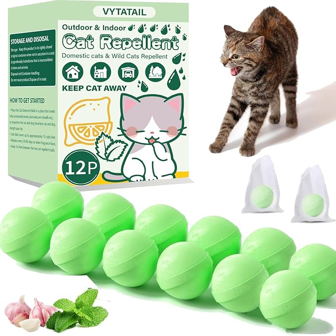 Cat Repellent Balls for Outdoor- Peppermint & Lemongrass Oil Deterrent Balls - Stop Cats from Scratching Furniture, Yard, Plants,Cars,Long-Lasting Protection（12 Pack and 6 Bags）