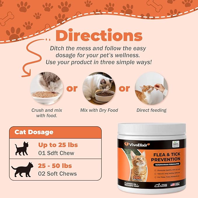 Flea and Tick Prevention for Cats – Cat Flea & Tick Control Supplement with Skin & Coat Support, Natural Formula for Fleas, Immune & Digestive Support – 200 Chews
