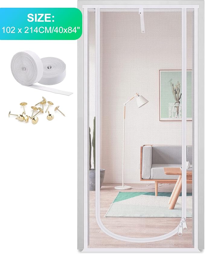Reinforced Cat Screen Door, 40X84” Heavy Duty Pets Proof Screen Door with Bilateral Zipper, Prevent Dogs Cats Running Out from Home, Bedroom, Living Room, Kitchen Patio Door (White)