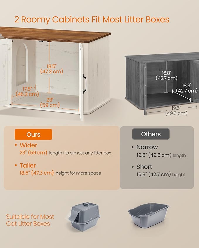 Feandrea Double Cat Litter Box Enclosure, Modern Litter Box Furniture Hidden for 2 Cats, Front Entry, Cat House, Side End Table, TV Stand, 59 x 19 x 19.5 Inches, Honey Brown, Rustic White UPCL010K01