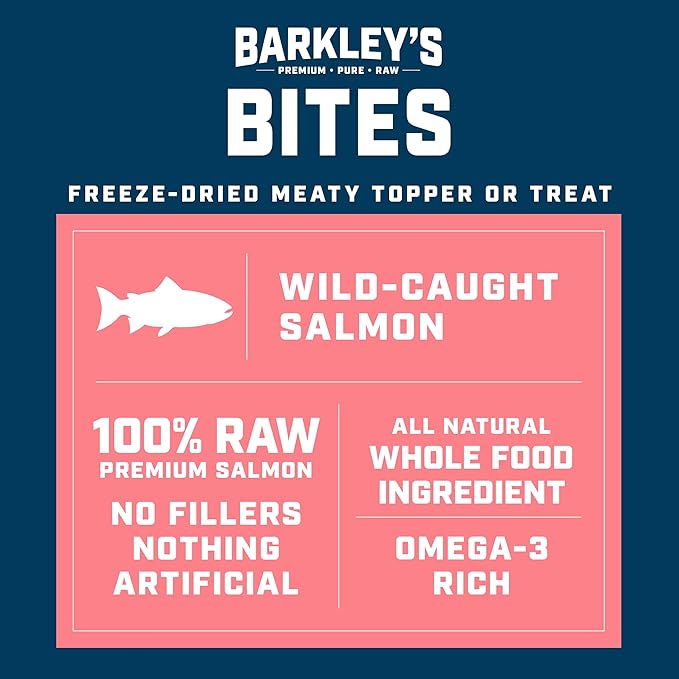 Barkley’s Bag Salmon Bites, Freeze Dried Dog Treats and Food Topper, Protein Packed, Made with Wild-Caught Salmon, Bite-Sized Whole Pieces for Training Rewards, American Made Dog Snacks, 4 Oz Bag