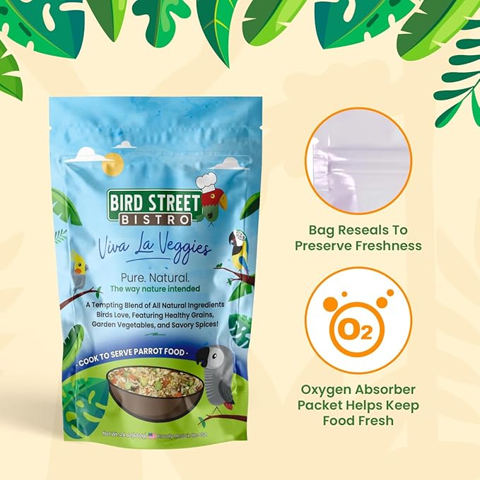 Bird Street Bistro Parrot Food for Parakeets & Cockatiels - Viva La Veggies - 24 oz - Cooks in 3-15 min, Natural Grains, Fruits & Vegetables - USA Made