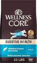 Wellness CORE Digestive Health Adult Dry Dog Food, Wholesome Grain Kibble, Sensitive Stomach, Natural, High Protein, Chicken Free, Whitefish and Brown Rice Recipe, 22 lb Bag