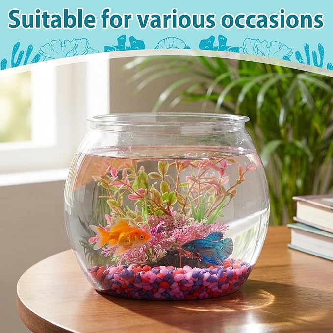 1 Gallon Plastic Fish Bowl with Artificial Plastic Plants and 1 lb Decorative Gravel Shatterproof Clear Round Goldfish Betta Tank, Small Fish Bowl/Aquarium for Table Centerpiece Home Decor