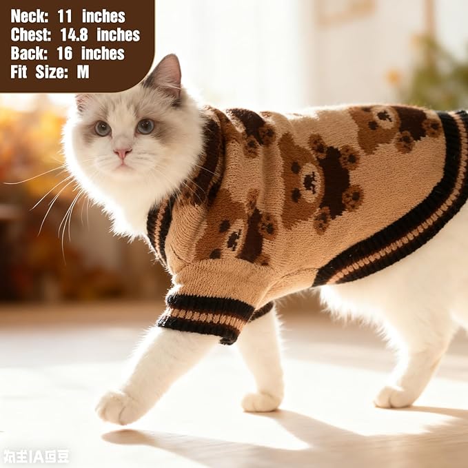 EXPAWLORER Cat Sweater Cardigan - Stylish Knit Cat Clothes, Soft Puppy Sweater with Sleeve, Cute Warm Pet Clothing Knitwear, Fall Winter Kitten Coat for Girl Boy Cats, Bear Small