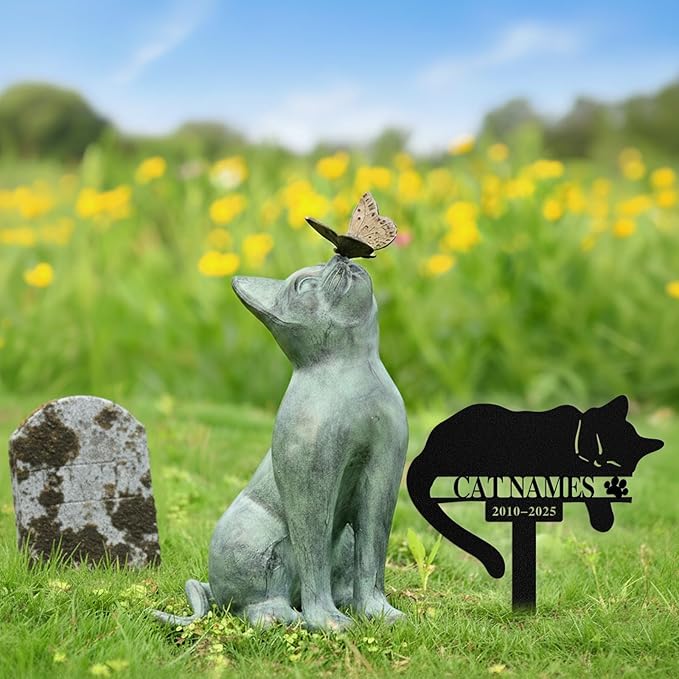 Custom Sleeping Cat Grave Marker Outdoor, Personalized Metal Cat Memorial Grave Stake with Name and Date, Outdoor Waterrproof Cats Memorial Plaque
