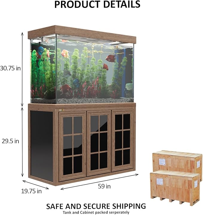 175 Gallon Glass Aquarium with Aluminum Cabinet - Including Sump for Filtration and Circulation, Plumbing, LED, Brown