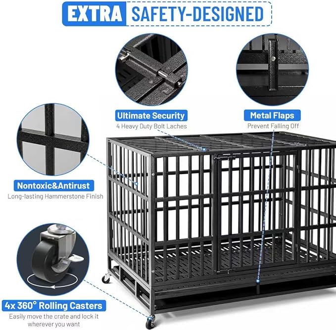 48 Inch Heavy Duty Indestructible Dog Crate, XL Steel Escape-Proof Kennel for Large Dogs, Double Door Design with 4 Locking Wheels & Reinforced Baseplate, Ideal for High-Anxiety Dogs