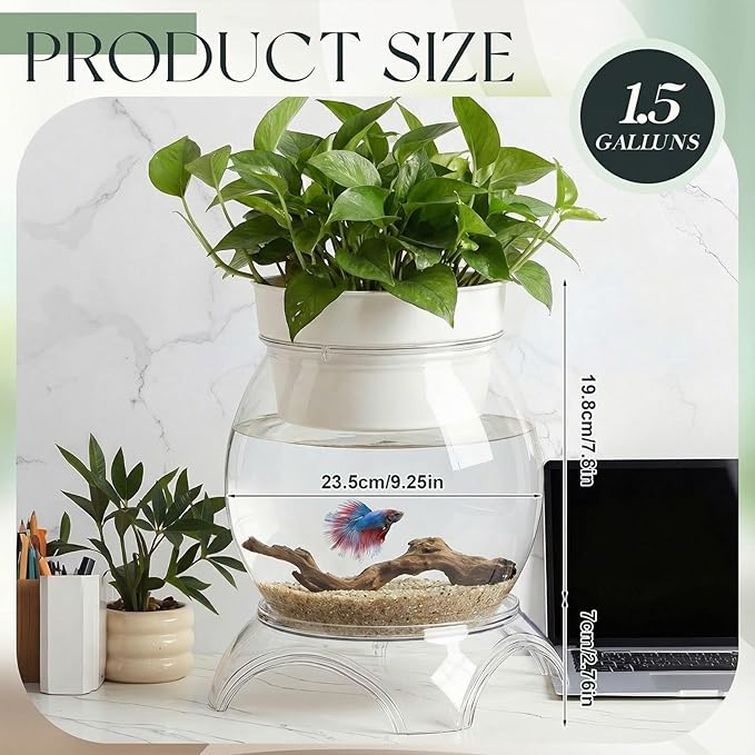 Geelin 1.5 Gallon Plastic Aquaponic Betta Fish Tank Aquaponic with Base and Top, Large Bowl Shatterproof Ecosystem Aquarium with Clear Clarity for Terrarium, Flower Vase Betta Fish Centerpiece Gifts