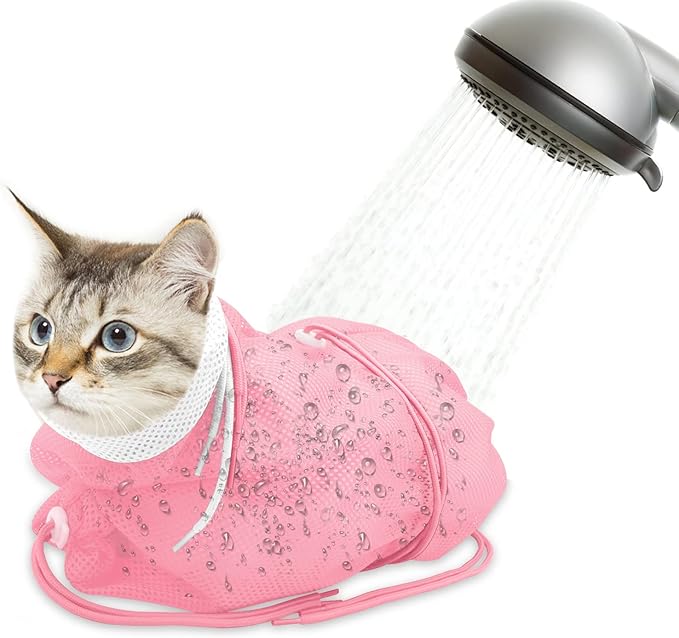 Cat Bathing Bag, Breathable Mesh Cat Shower Bag Anti Scratch Adjustable Cat Grooming Bag for Nail Trimming Polyester Soft Washing Bag