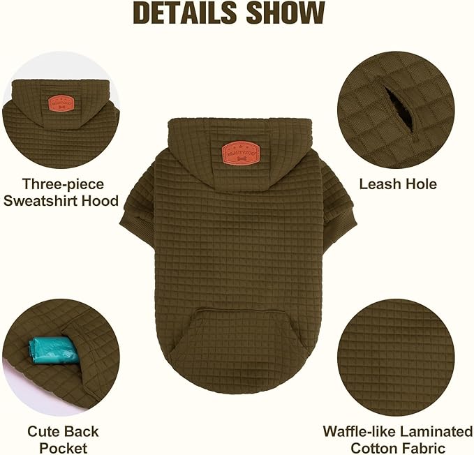 BEAUTYZOO Small Dog Hoodie Sweater with Pockets, Dog Clothes for Small Medium Dogs Boy Girl, Waffle-Like Laminated Cotton Pet Coats with Hat and Leash Hole, Army Green M